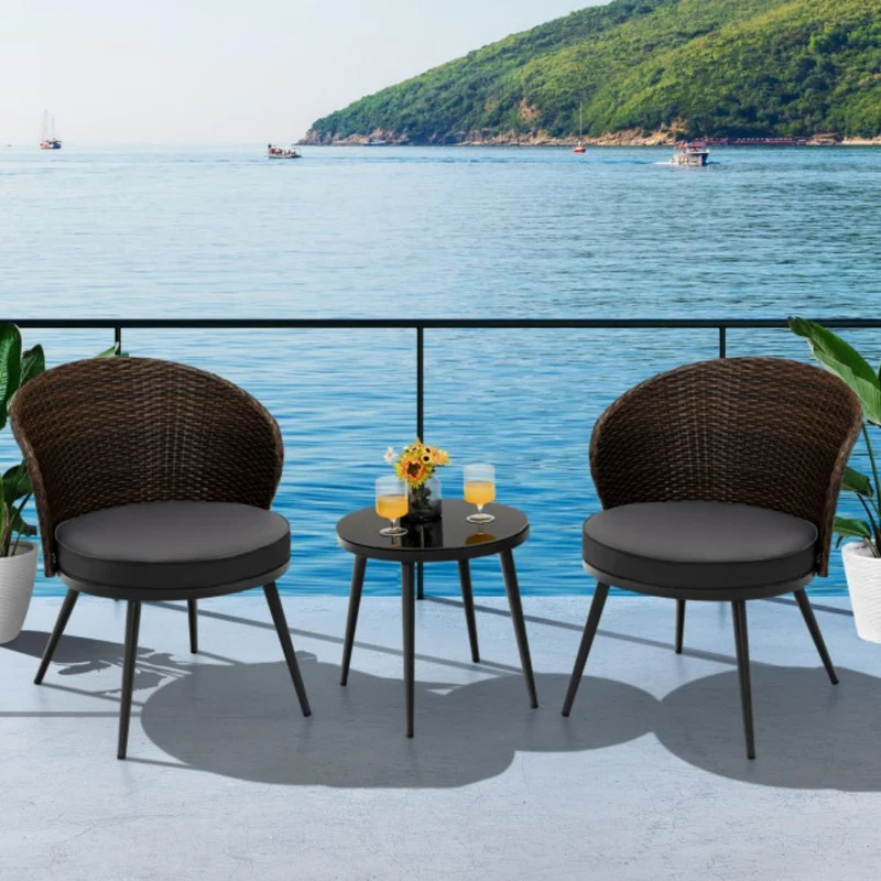 3-Pieces Rattan Outdoor Patio Conversation Set with Black Cushions