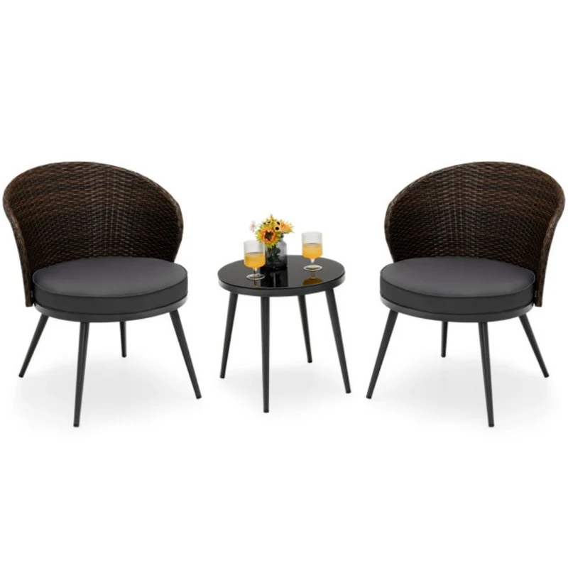 3-Pieces Rattan Outdoor Patio Conversation Set with Black Cushions