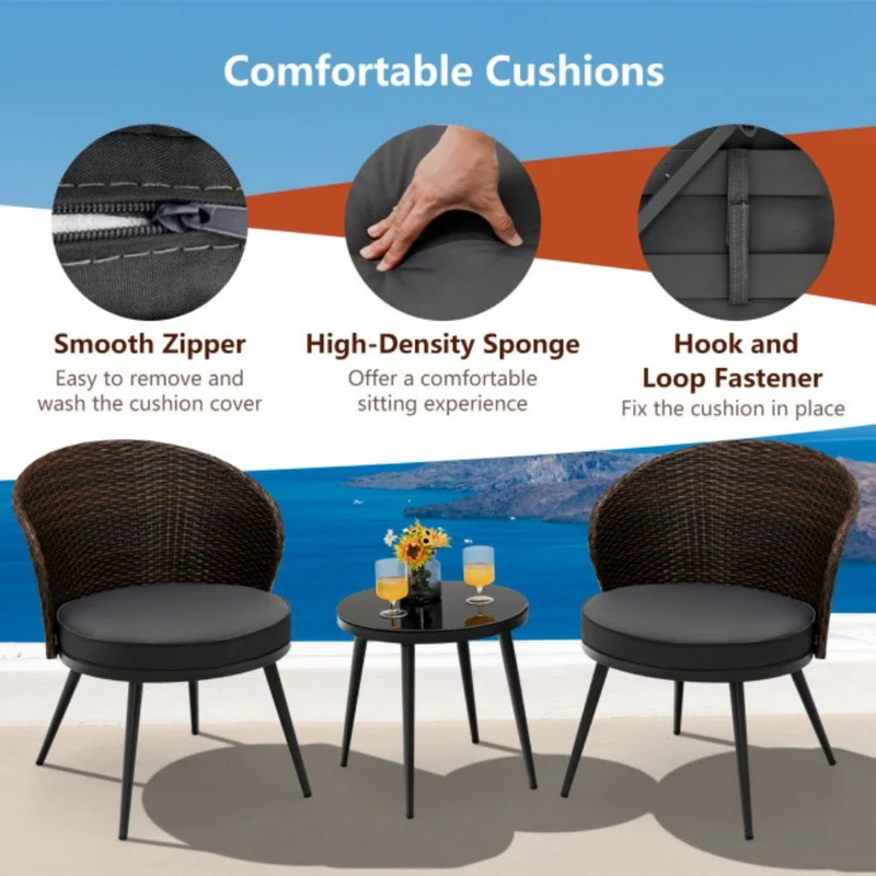 3-Pieces Rattan Outdoor Patio Conversation Set with Black Cushions