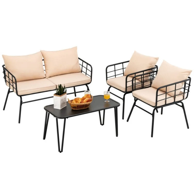 4-Piece Outdoor Metal Patio Conversation Set with Beige Cushions