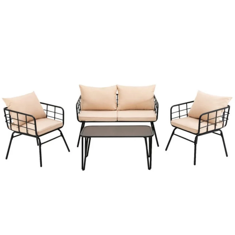 4-Piece Outdoor Metal Patio Conversation Set with Beige Cushions