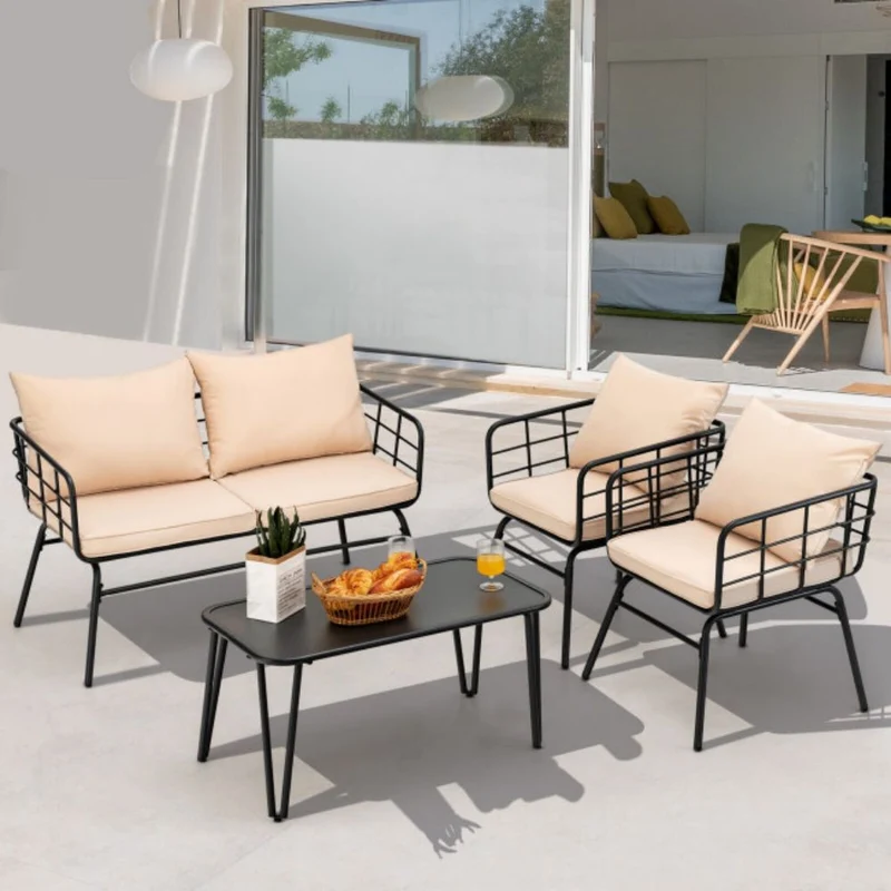 4-Piece Outdoor Metal Patio Conversation Set with Beige Cushions