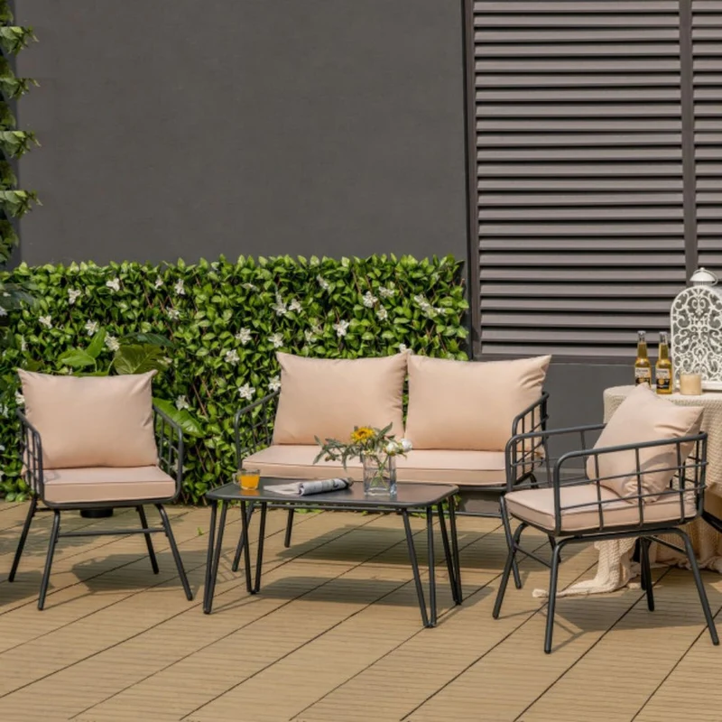 4-Piece Outdoor Metal Patio Conversation Set with Beige Cushions