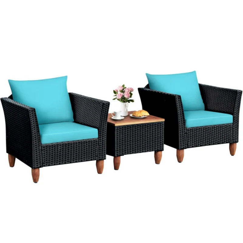 3-Pieces Rattan Outdoor Patio Conversation Set with Turquoise Cushions
