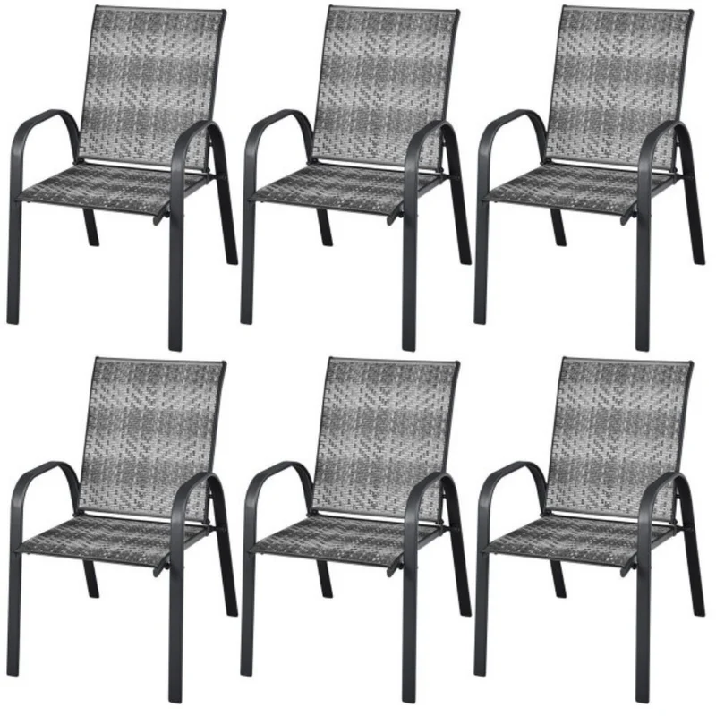 Gray PE Wicker Outdoor Dining Stackable Chairs (Set of 6)