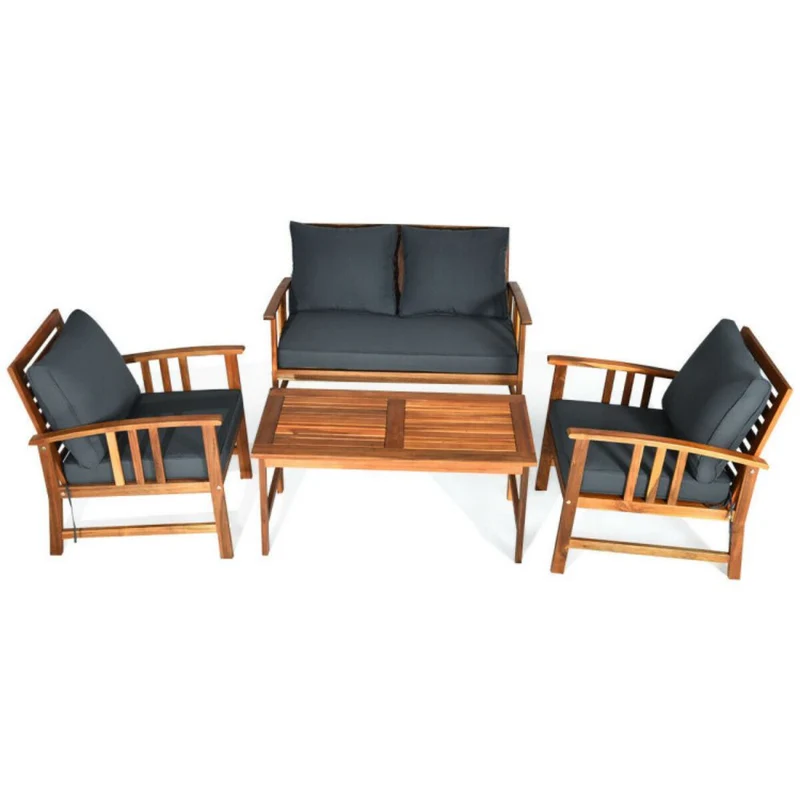 4-Piece Acacia Wood Outdoor Patio Conversation Set with Gray Cushions