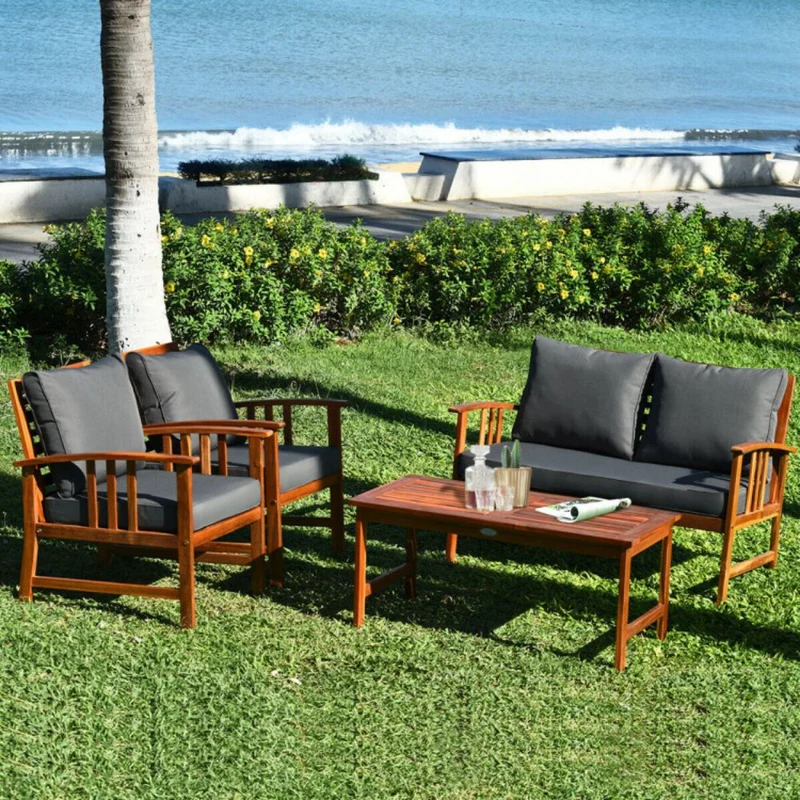 4-Piece Acacia Wood Outdoor Patio Conversation Set with Gray Cushions