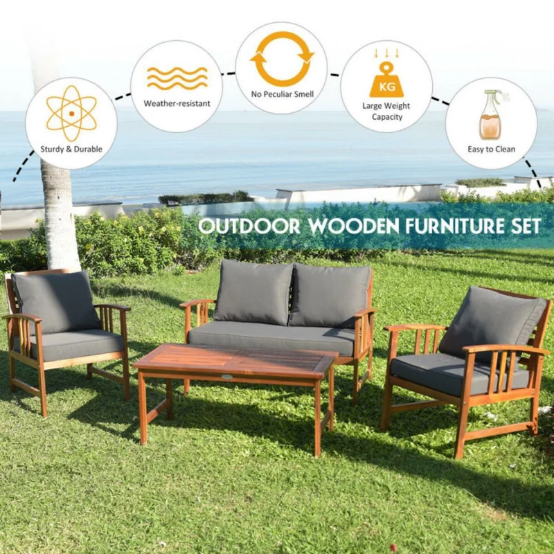 4-Piece Acacia Wood Outdoor Patio Conversation Set with Gray Cushions
