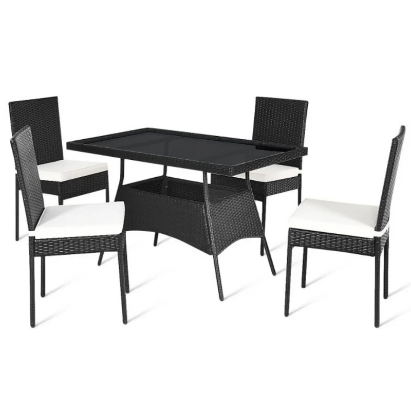 5-Piece Patio Wicker Rattan Outdoor Dining Set with Rectangle Table and White Cushions
