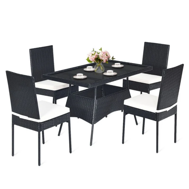 5-Piece Patio Wicker Rattan Outdoor Dining Set with Rectangle Table and White Cushions