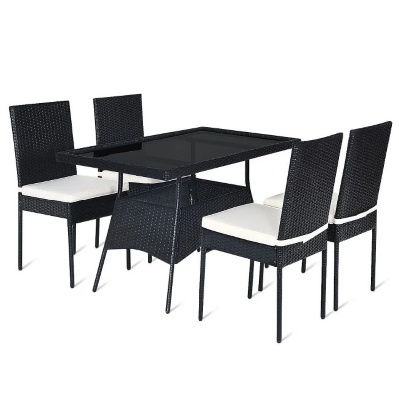 5-Piece Patio Wicker Rattan Outdoor Dining Set with Rectangle Table and White Cushions