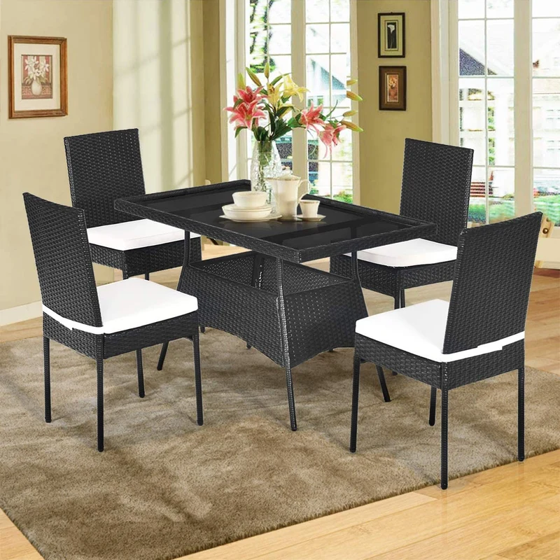 5-Piece Patio Wicker Rattan Outdoor Dining Set with Rectangle Table and White Cushions
