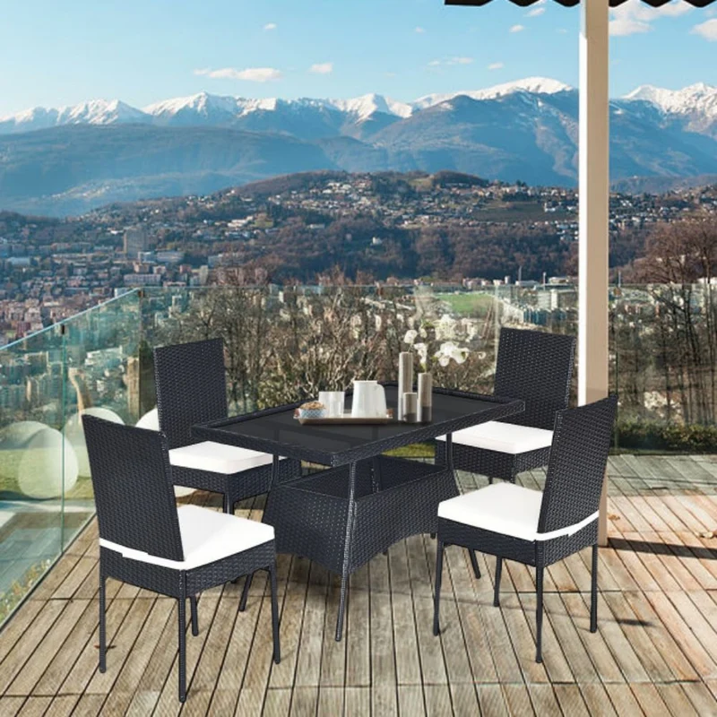 5-Piece Patio Wicker Rattan Outdoor Dining Set with Rectangle Table and White Cushions