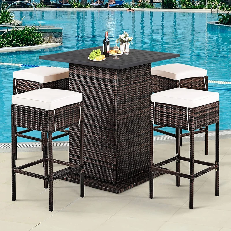 5-Piece Patio Wicker Rattan Outdoor Dining Set with Hidden Storage Shelf and Beige Cushions