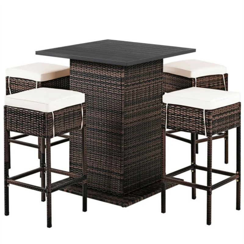 5-Piece Patio Wicker Rattan Outdoor Dining Set with Hidden Storage Shelf and Beige Cushions