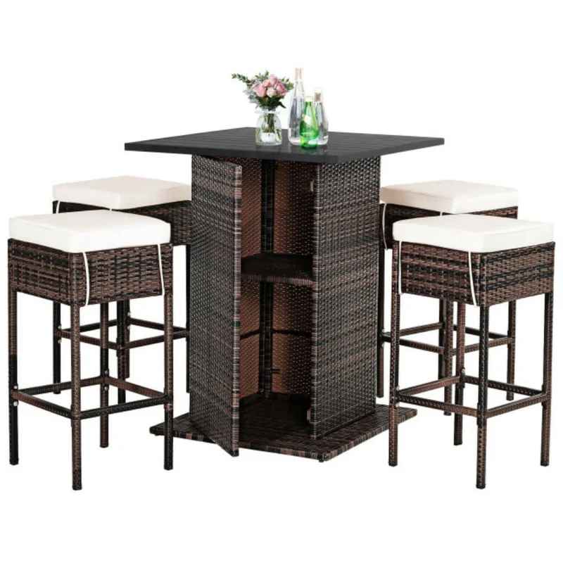 5-Piece Patio Wicker Rattan Outdoor Dining Set with Hidden Storage Shelf and Beige Cushions