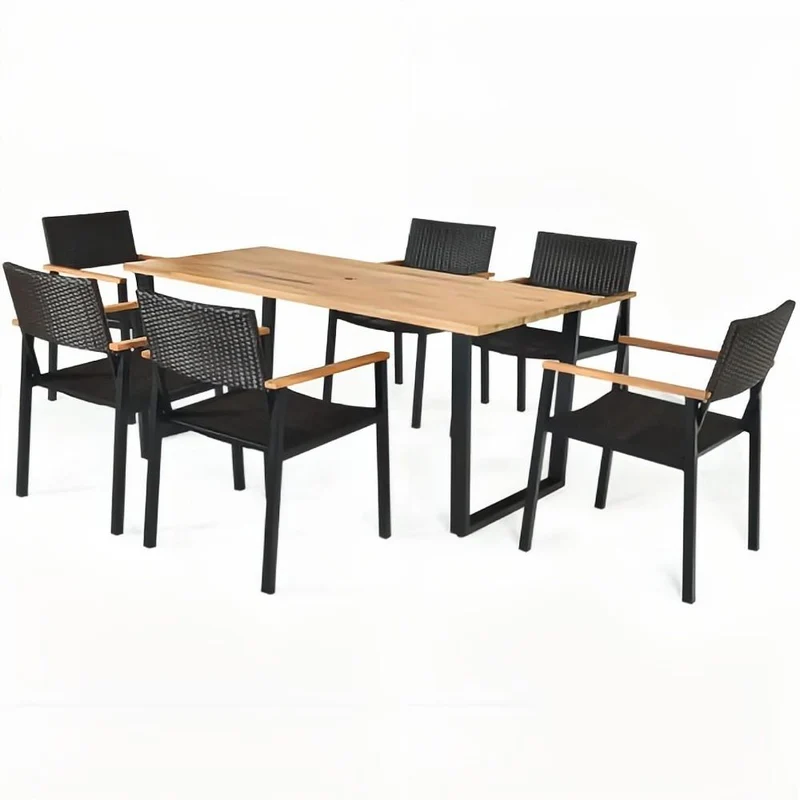 7-Piece Outdoor Patio Rattan Dining Set with Rectangular Table and Arm Chairs