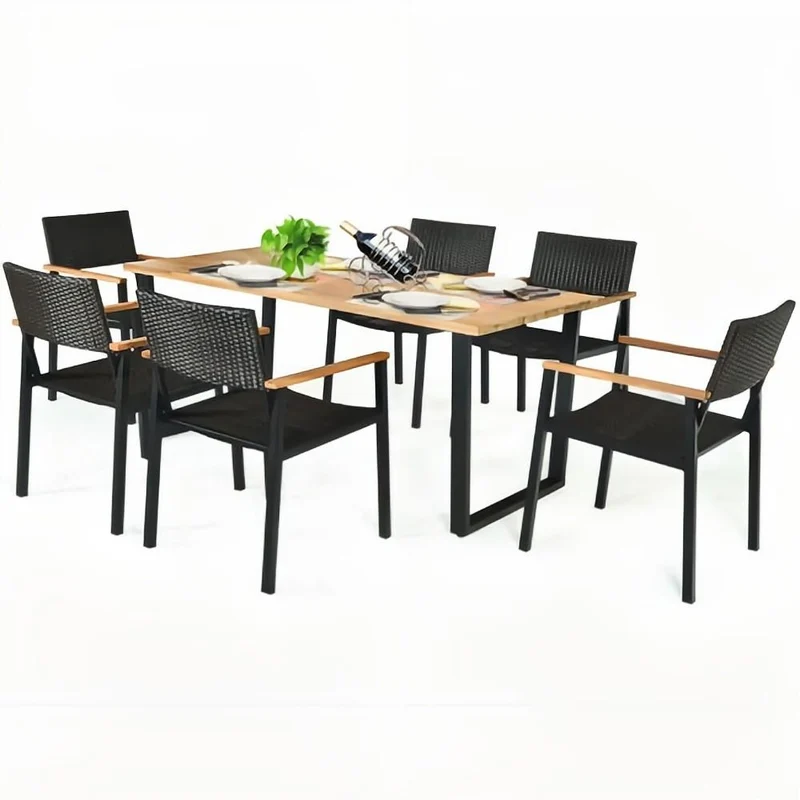 7-Piece Outdoor Patio Rattan Dining Set with Rectangular Table and Arm Chairs