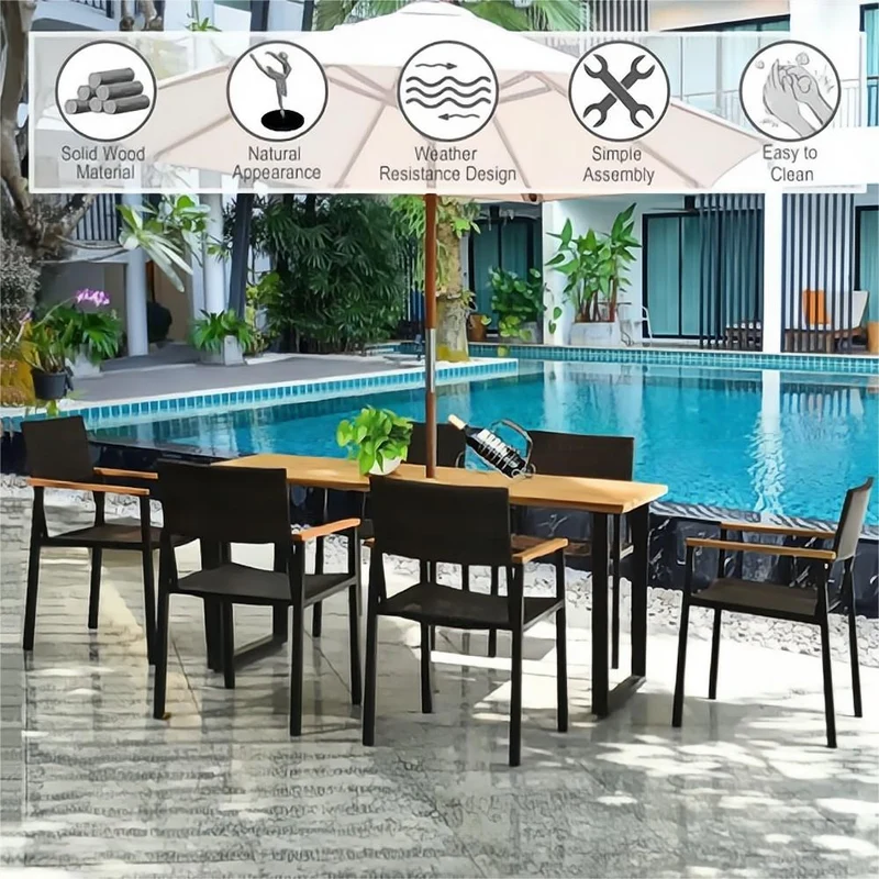 7-Piece Outdoor Patio Rattan Dining Set with Rectangular Table and Arm Chairs