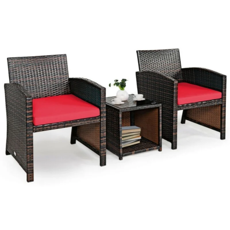 3-Piece Rattan Wicker Patio Conversation Set with Red Cushions