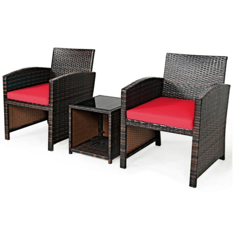 3-Piece Rattan Wicker Patio Conversation Set with Red Cushions