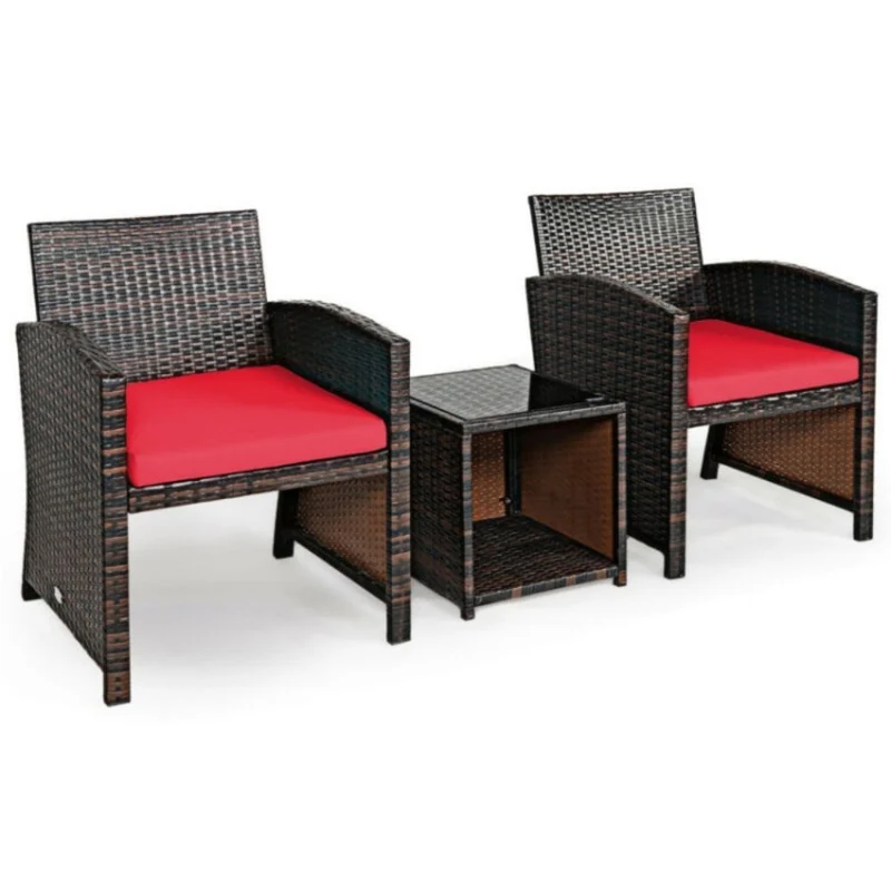 3-Piece Rattan Wicker Patio Conversation Set with Red Cushions