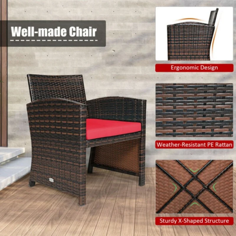 3-Piece Rattan Wicker Patio Conversation Set with Red Cushions