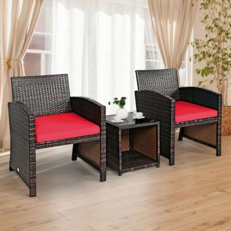 3-Piece Rattan Wicker Patio Conversation Set with Red Cushions