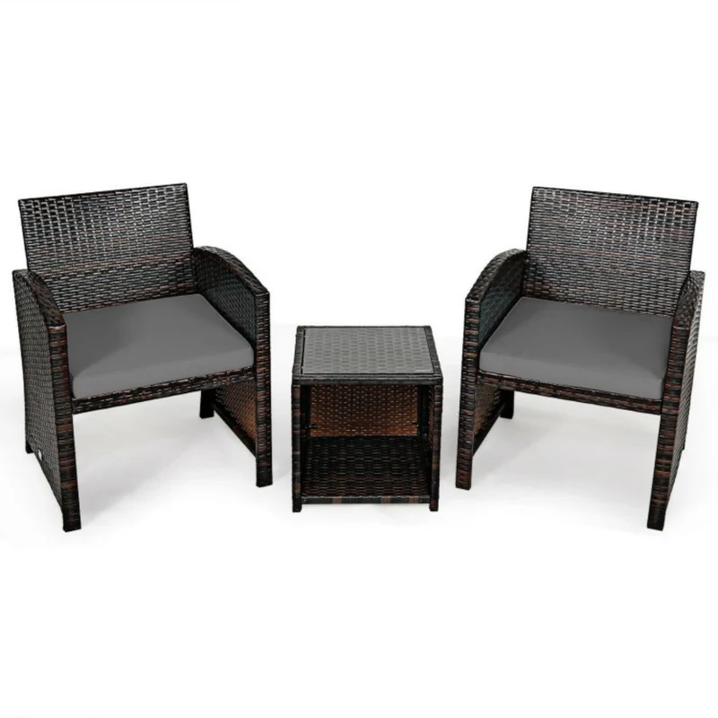 3-Piece Rattan Wicker Patio Conversation Set with Gray Cushions