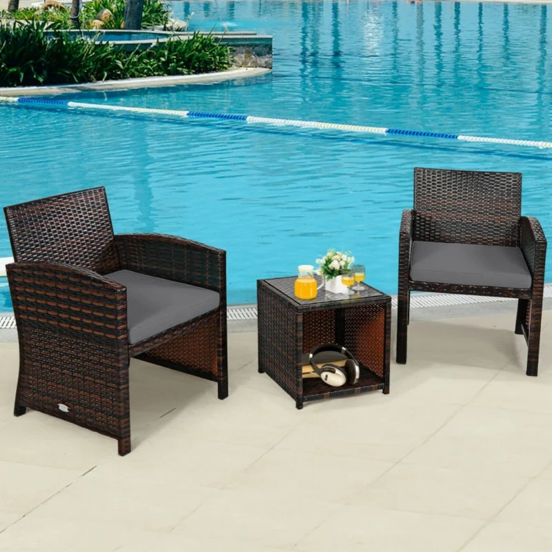 3-Piece Rattan Wicker Patio Conversation Set with Gray Cushions
