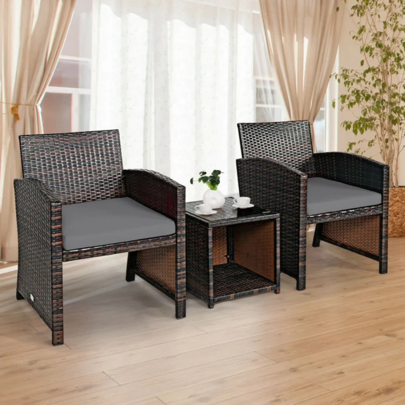 3-Piece Rattan Wicker Patio Conversation Set with Gray Cushions