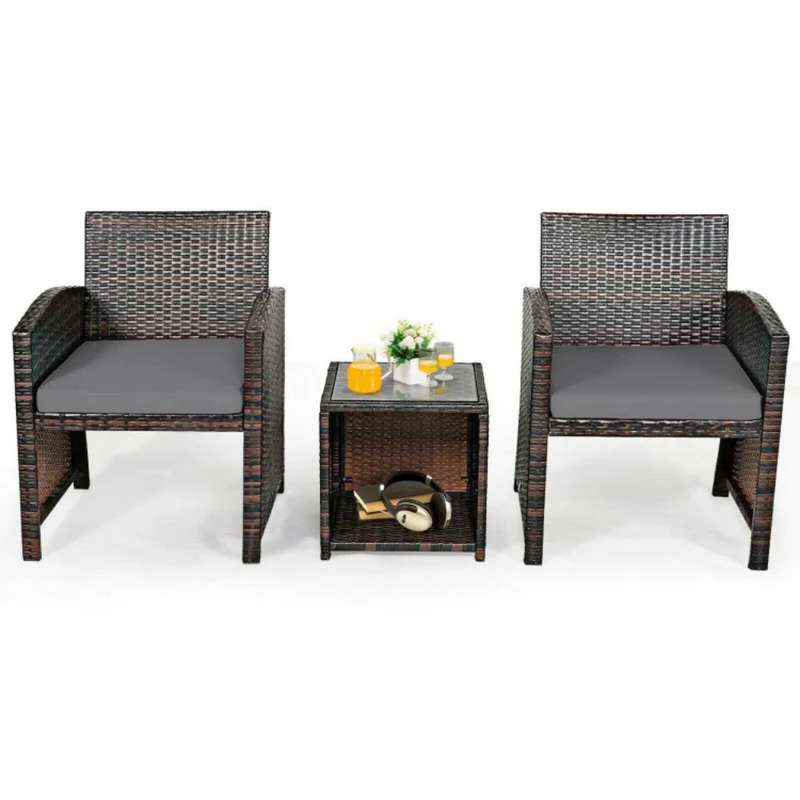 3-Piece Rattan Wicker Patio Conversation Set with Gray Cushions
