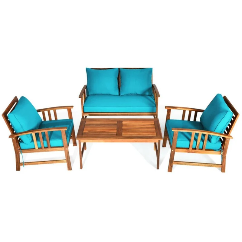 4-Piece Acacia Wood Outdoor Patio Conversation Set with Turquoise Cushions