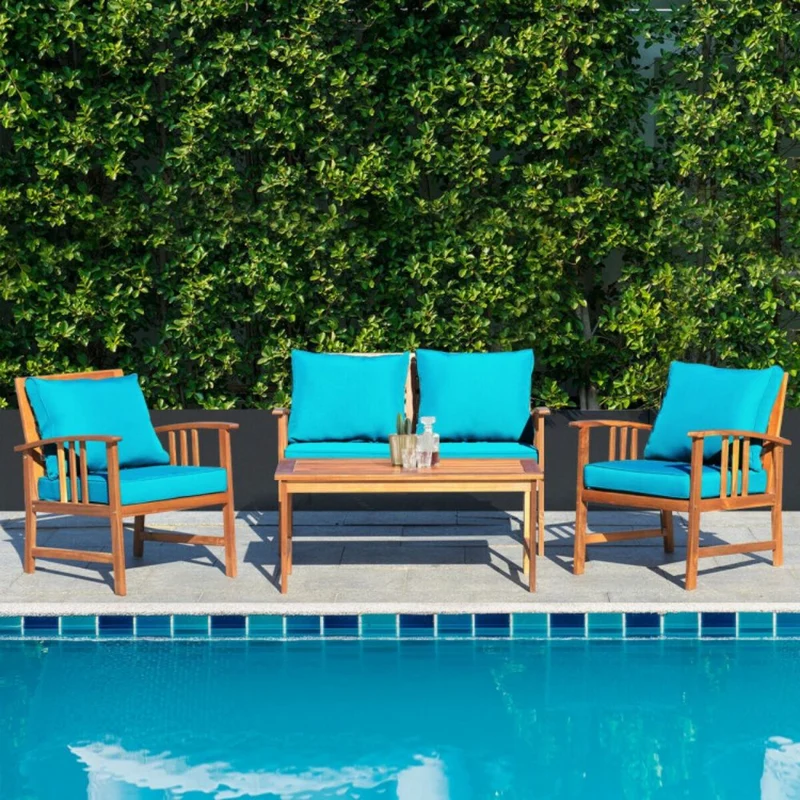 4-Piece Acacia Wood Outdoor Patio Conversation Set with Turquoise Cushions