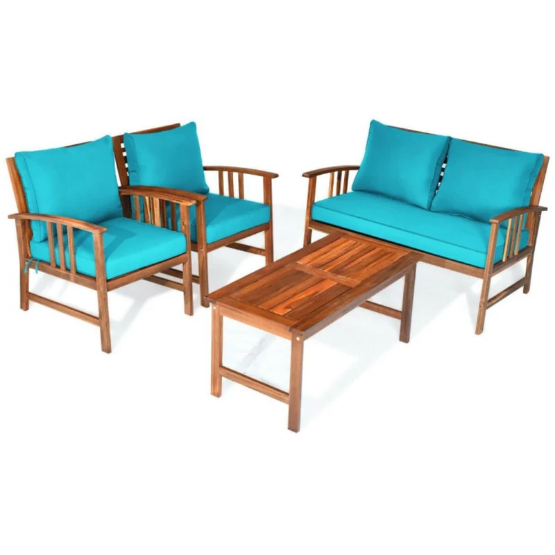 4-Piece Acacia Wood Outdoor Patio Conversation Set with Turquoise Cushions