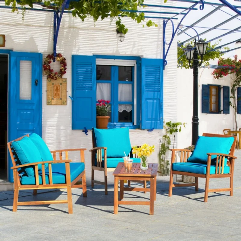 4-Piece Acacia Wood Outdoor Patio Conversation Set with Turquoise Cushions