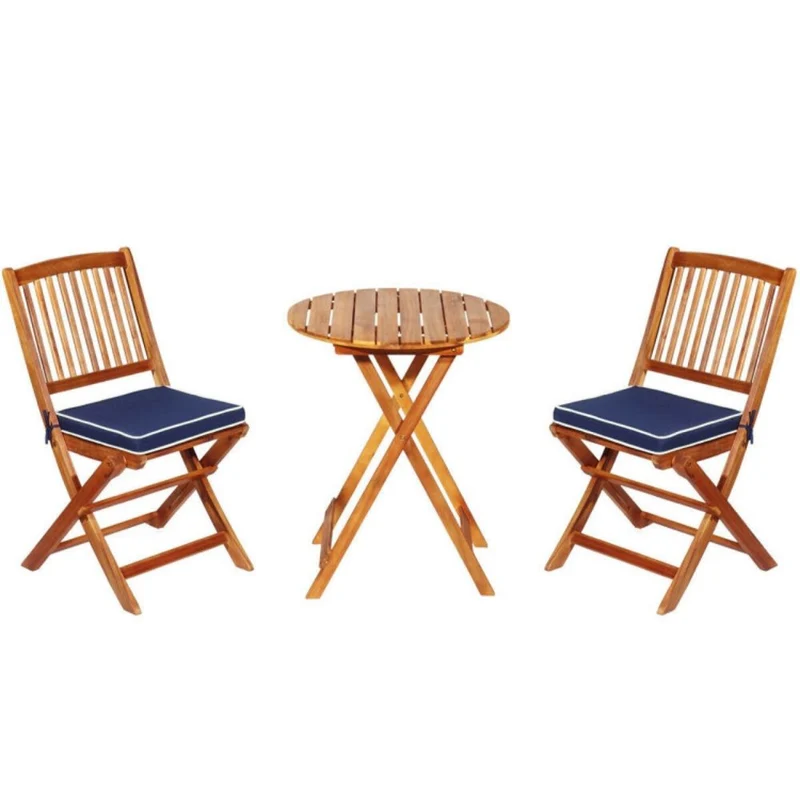 3-Piece Patio Folding Wooden Outdoor Bistro Set with Blue Cushions