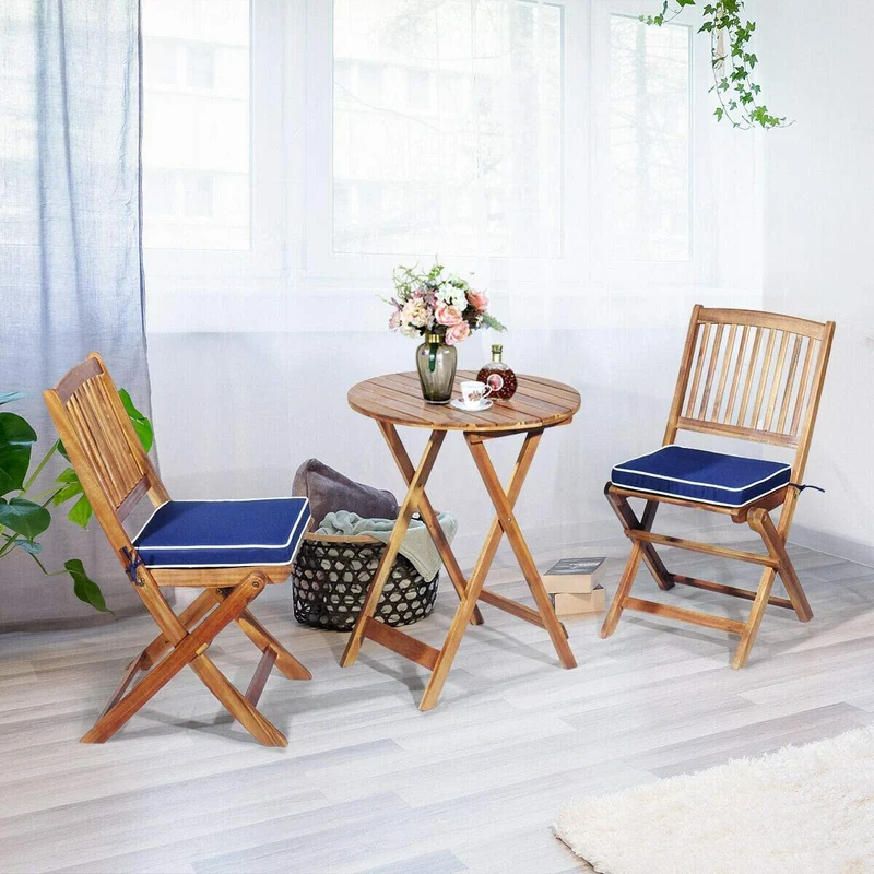 3-Piece Patio Folding Wooden Outdoor Bistro Set with Blue Cushions