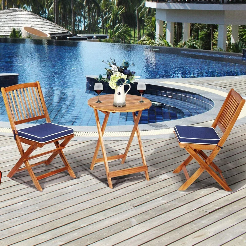 3-Piece Patio Folding Wooden Outdoor Bistro Set with Blue Cushions