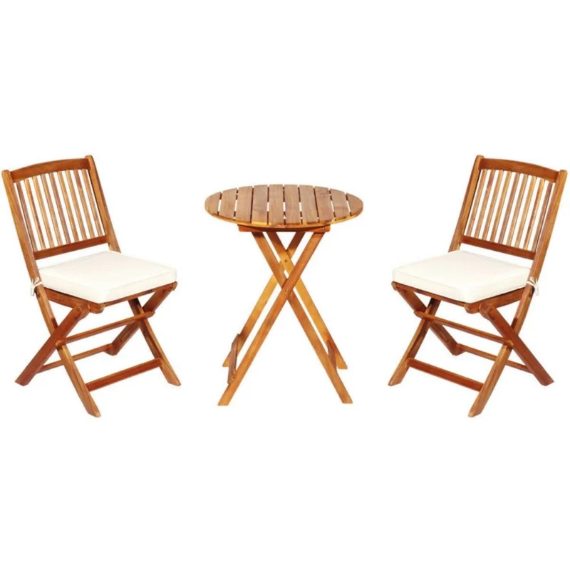 3-Piece Patio Folding Wooden Outdoor Bistro Set with Off White Cushions