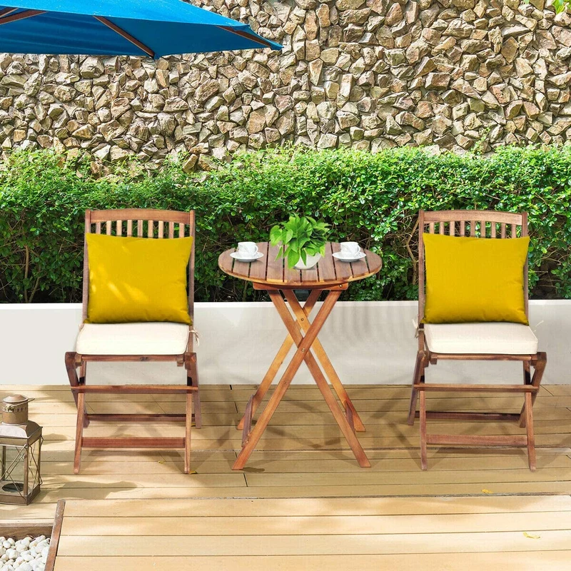 3-Piece Patio Folding Wooden Outdoor Bistro Set with Off White Cushions