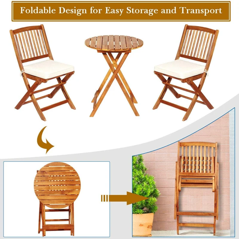 3-Piece Patio Folding Wooden Outdoor Bistro Set with Off White Cushions