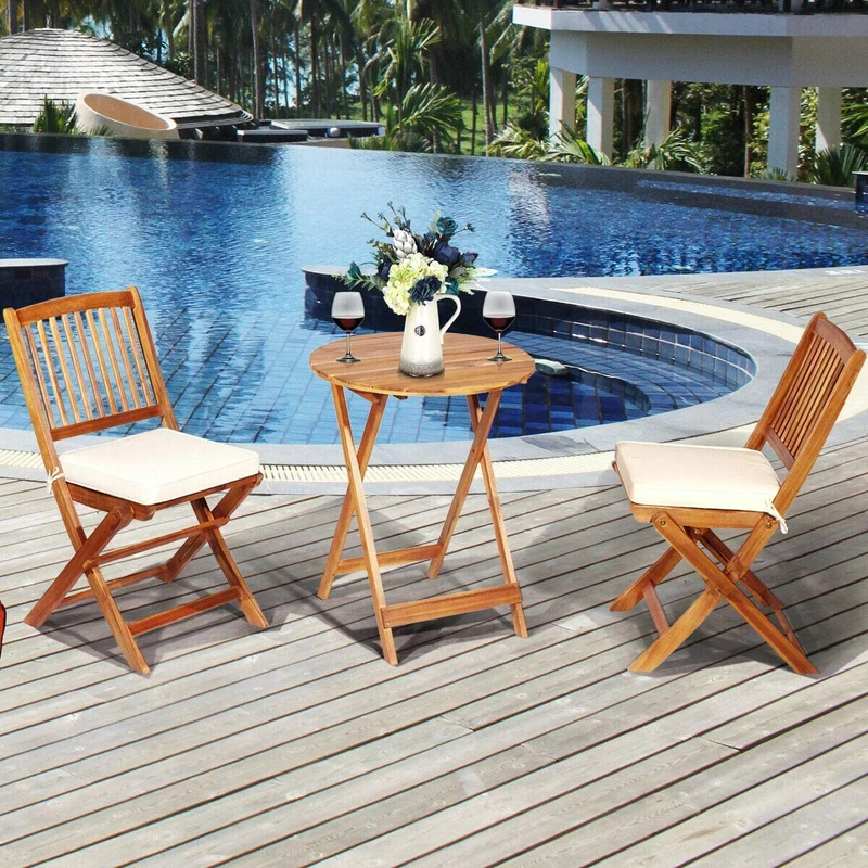 3-Piece Patio Folding Wooden Outdoor Bistro Set with Off White Cushions