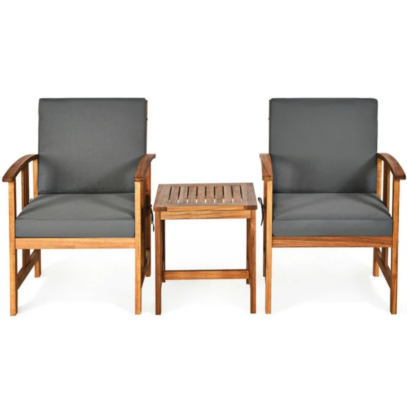 3-Pieces Outdoor Wooden Patio Conversation Furniture Set with Gray Cushion