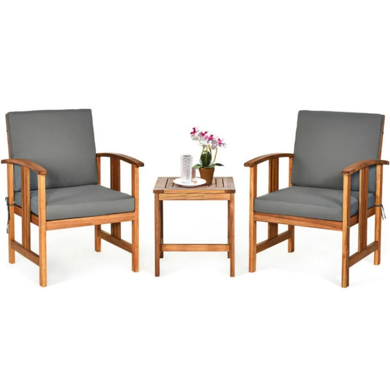 3-Pieces Outdoor Wooden Patio Conversation Furniture Set with Gray Cushion