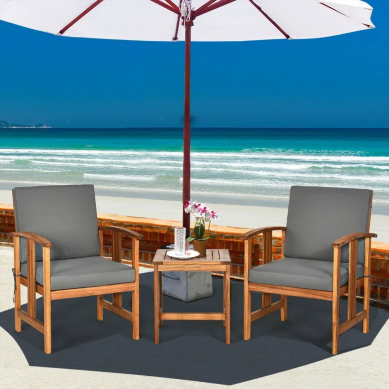 3-Pieces Outdoor Wooden Patio Conversation Furniture Set with Gray Cushion
