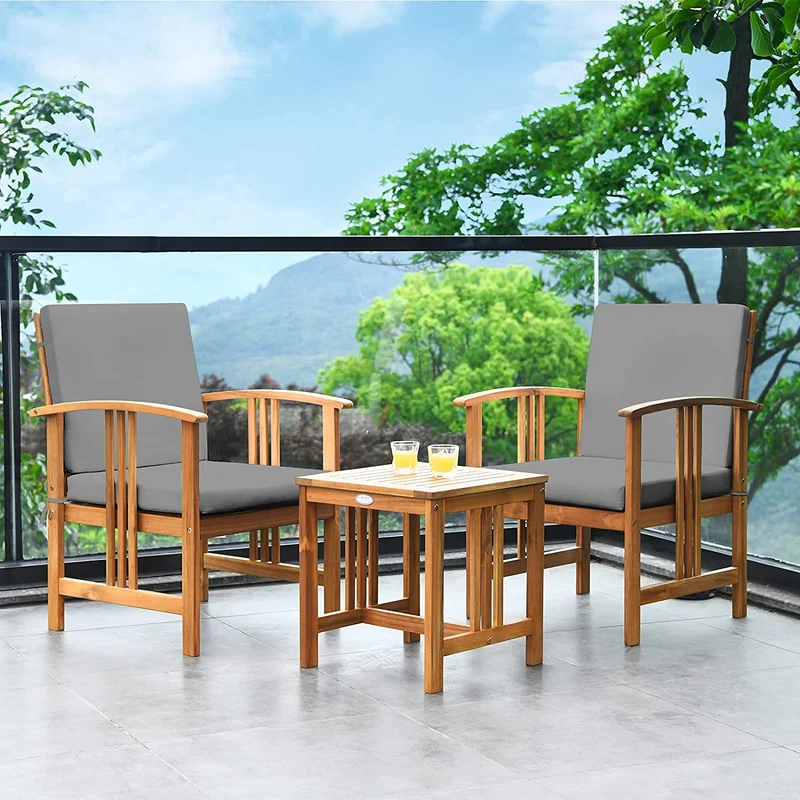 3-Pieces Outdoor Wooden Patio Conversation Furniture Set with Gray Cushion