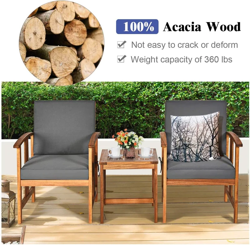 3-Pieces Outdoor Wooden Patio Conversation Furniture Set with Gray Cushion