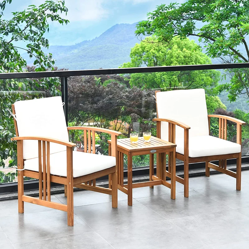 3-Pieces Outdoor Wooden Patio Conversation Furniture Set with White Cushion