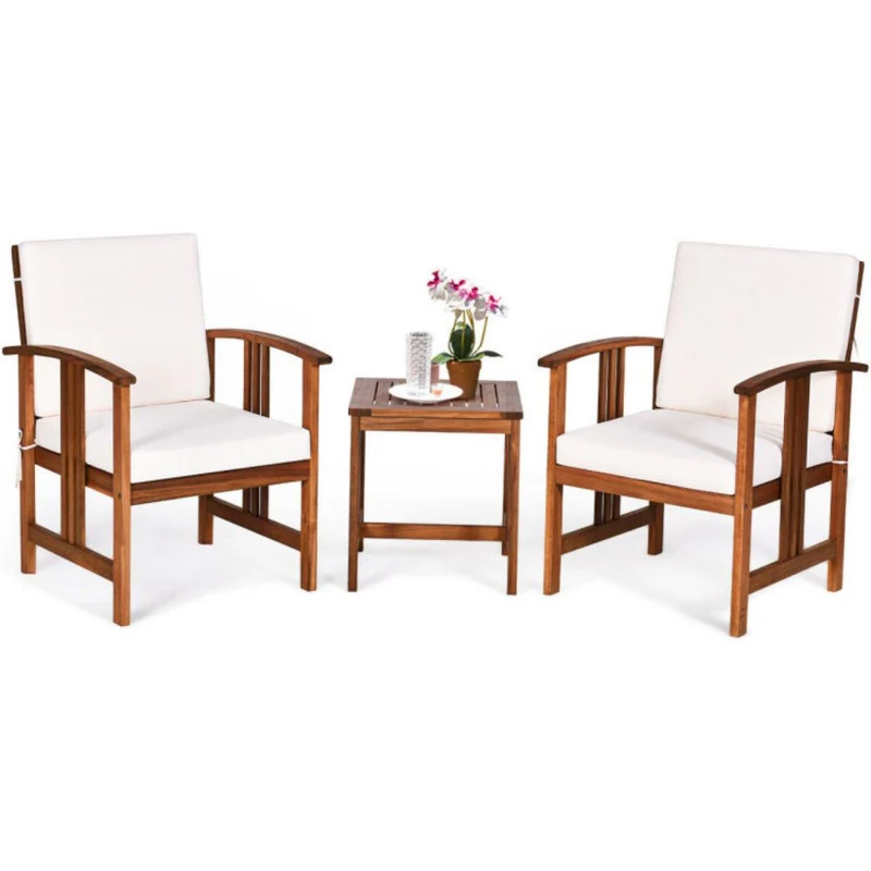 3-Pieces Outdoor Wooden Patio Conversation Furniture Set with White Cushion